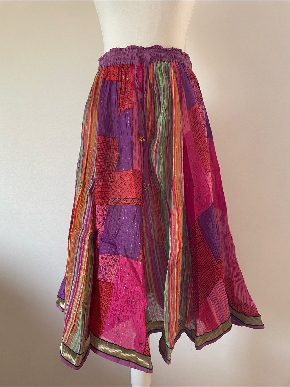 anu by natural Midi Skirt Patchwork Colorful Cotton Pink Purple Women’s Medium